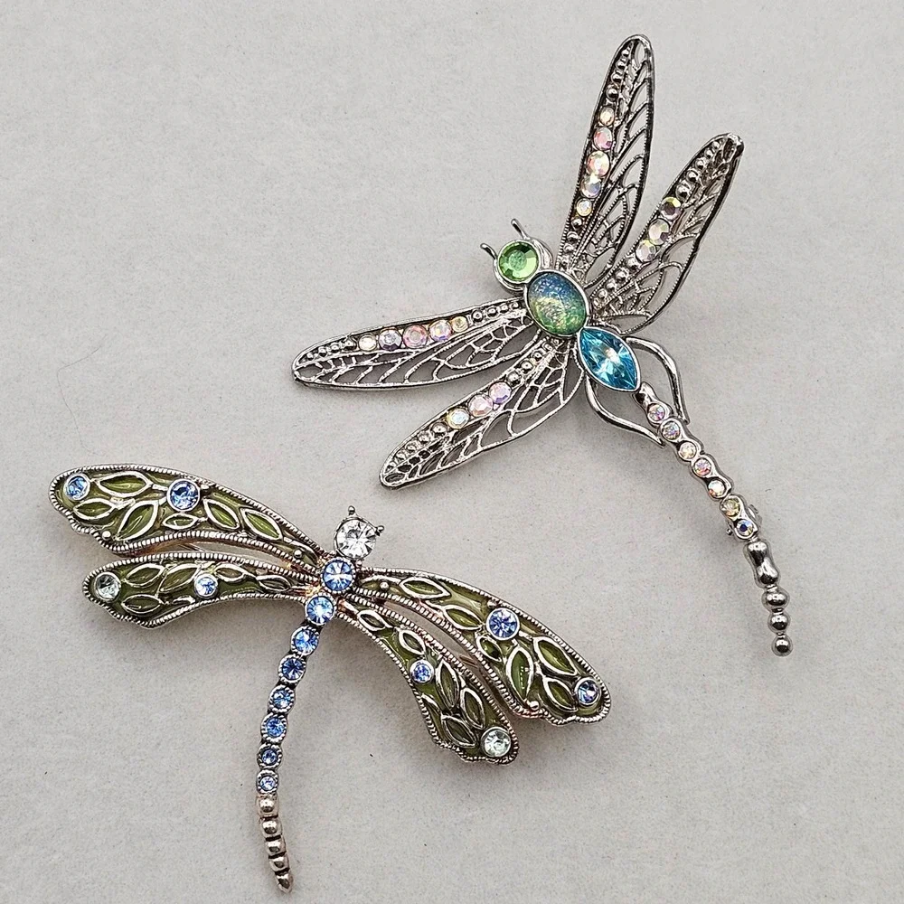 Dragonfly Brooch Pin Set 2pc Silver Tone Blue Green Rhinestone Enamel Pastels